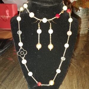 18k Laminate Gold, Elegant Gold and Red Beaded Necklace Set